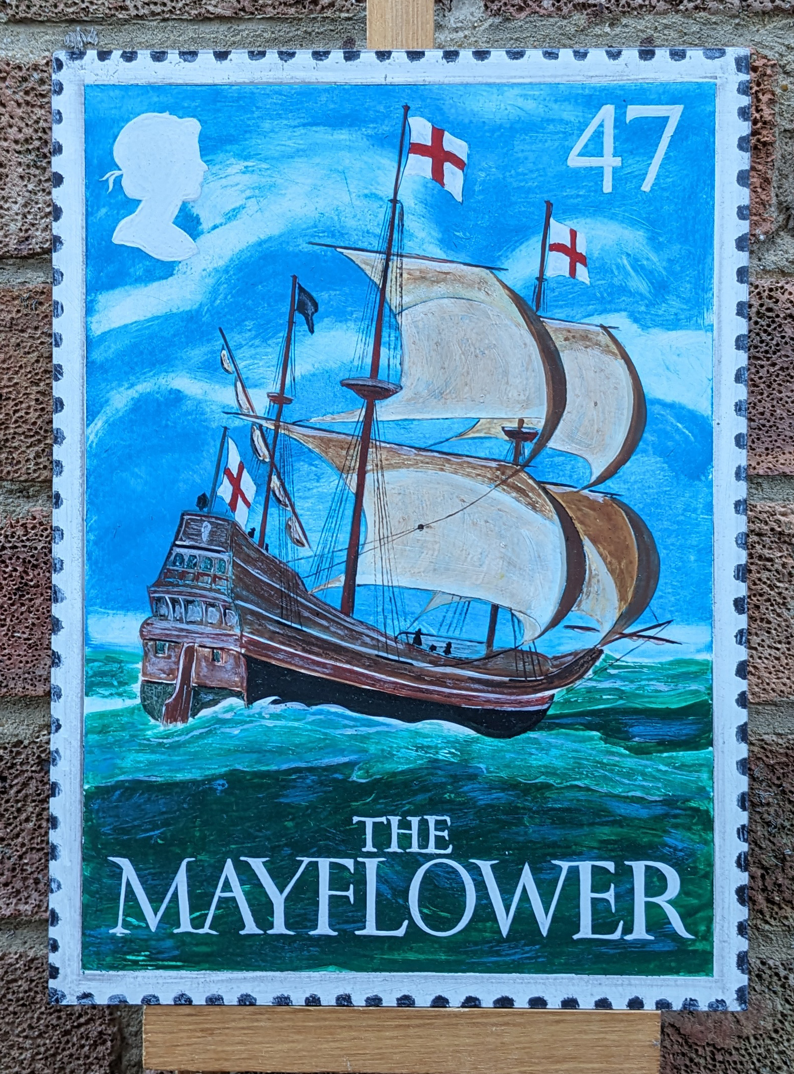 My hand painted interpretation 'The Mayflower' postage stamp wall art, signwriting techniques paints, 30cm x 21cm.