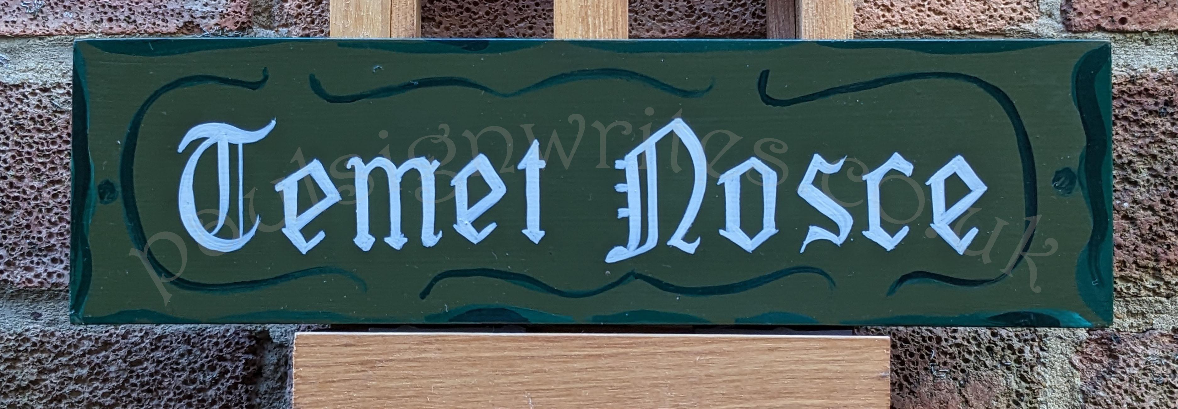 Temet Nosce Temet Nosce hand painted sign themed on The Matrix prop. Green panel, and scroll work, white lettering.