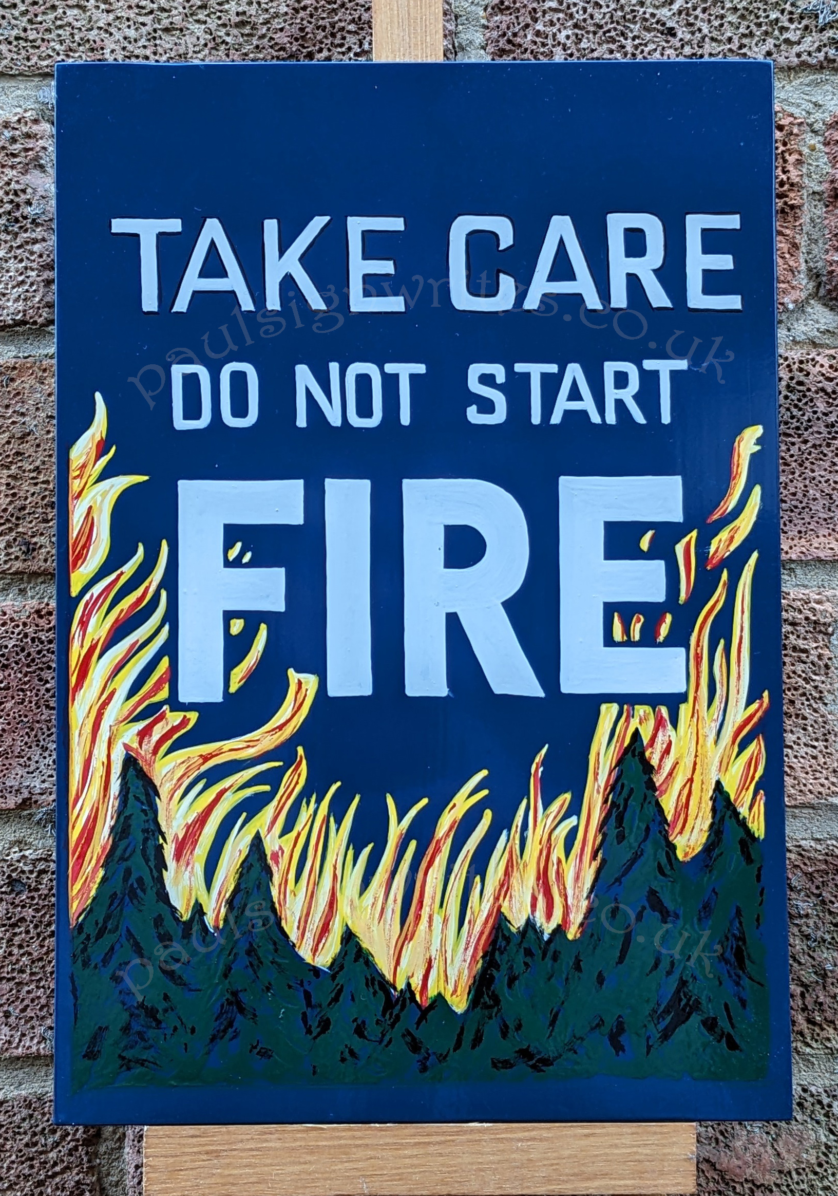 Take care do not start fire, sign art