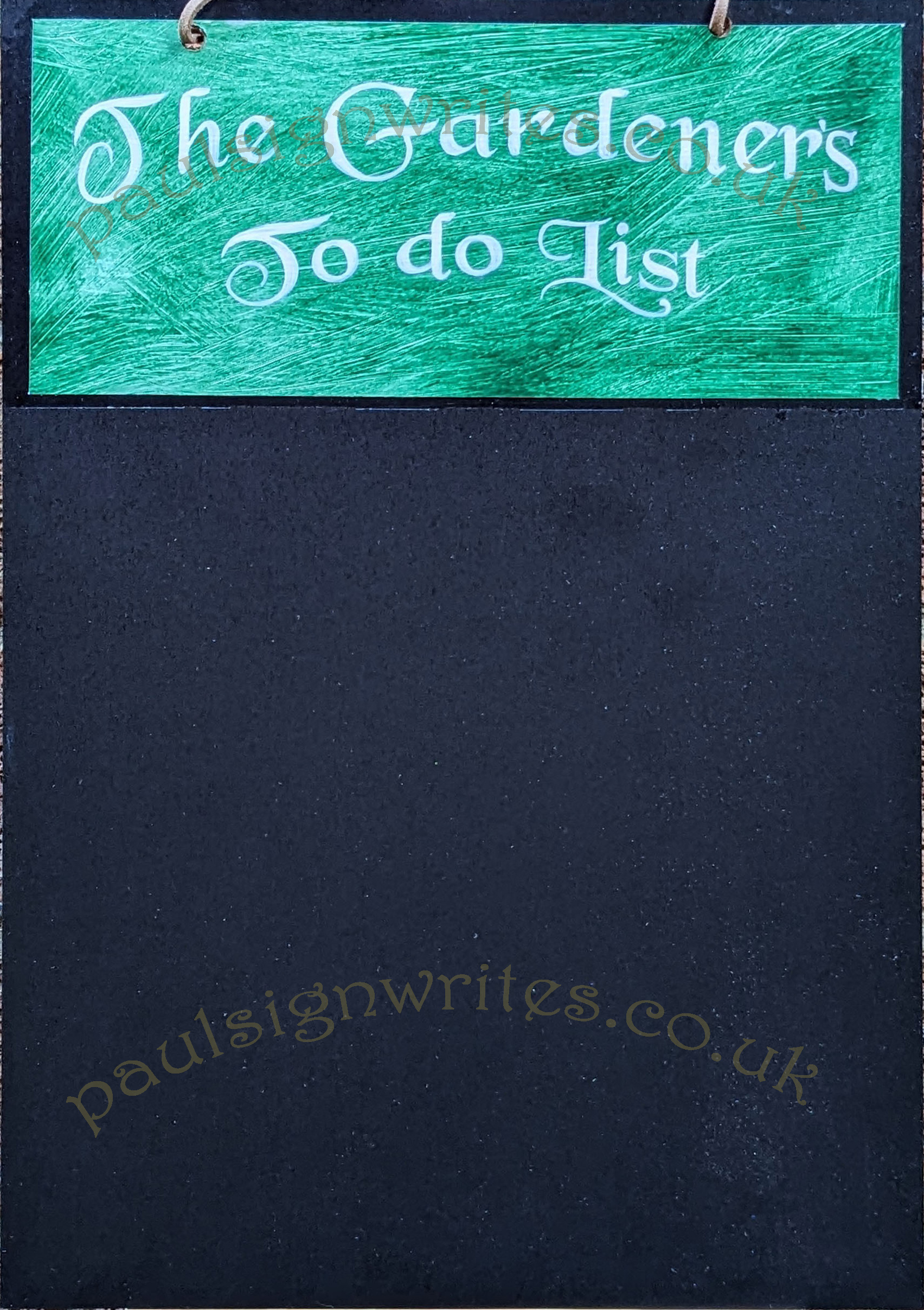 The Gardener's To Do List Blackboard Signwritten 'The Gardener's To Do List Blackboard'. Green broken paint effect panel with white lettering.