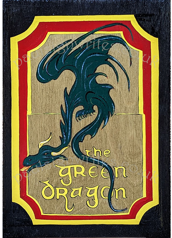 Hand painted 'The Green Dragon' sign, signwritten on a mid oak plywood panel.